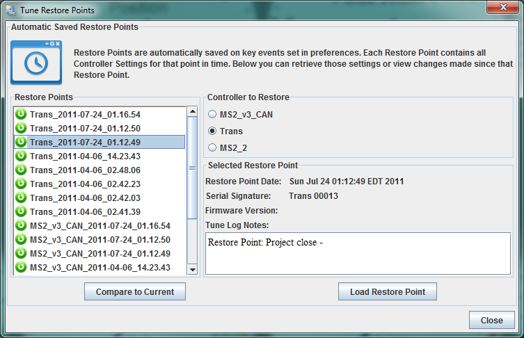 TunerStudio Restore Point Dialog